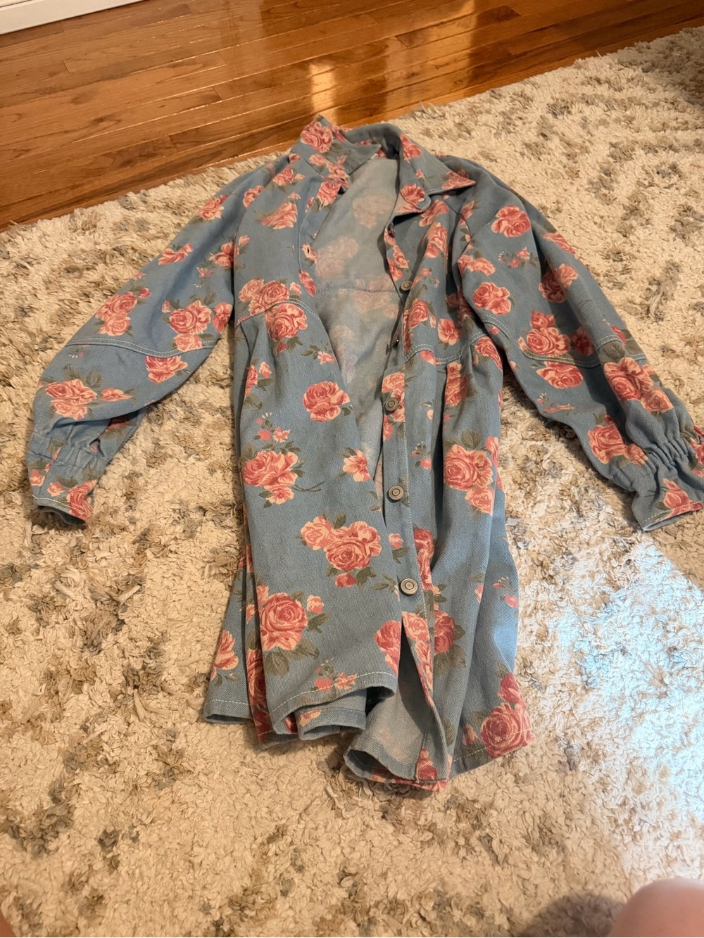 Blue Floral Button-Up Shirt Dress with Pink Roses